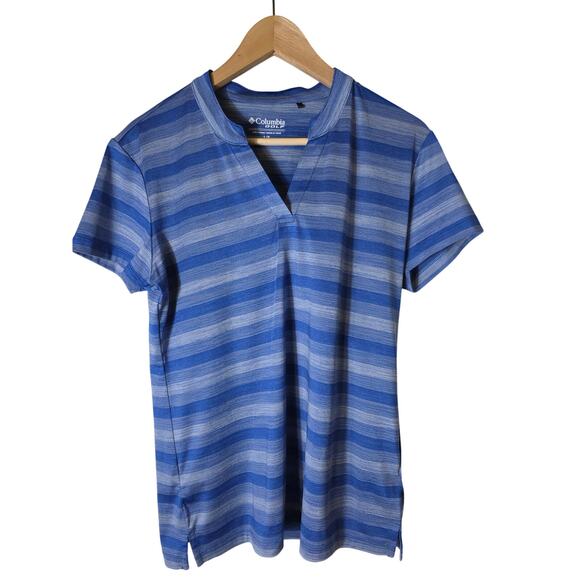 COLUMBIA GOLF Blue Gray V-Neck Stripe Active Outdoor Golf Short Sleeve Top SZ L - Picture 1 of 9